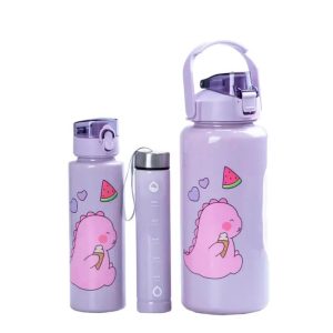 Набір пляшок для води Happy Life Динозавр 300/700/2000 мл, фіолетовий