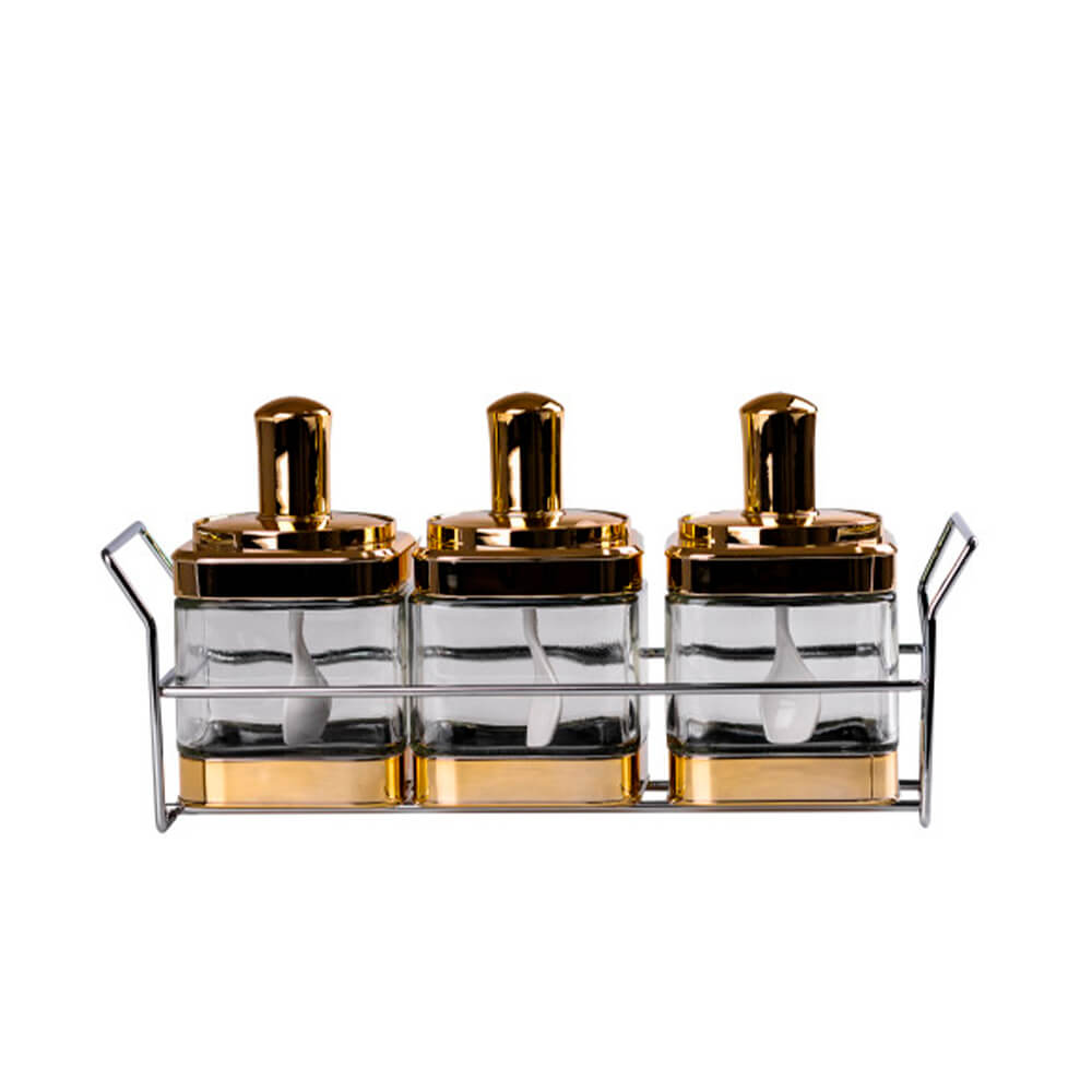 Набір банок TS Kitchen для сипучих продуктів 3 штуки з ложкою на підставці, золото